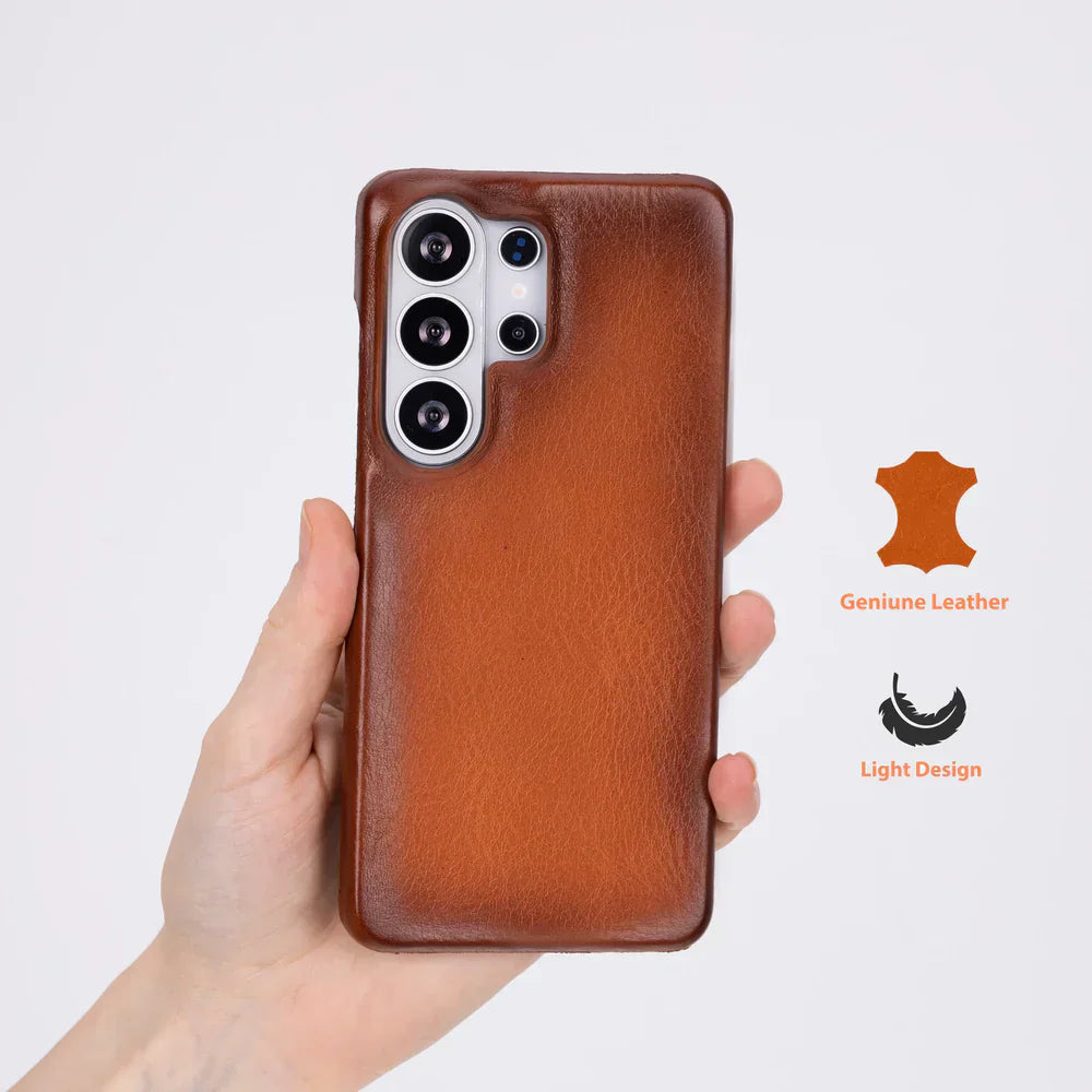 Hand holding a brown genuine leather phone case, lightweight design highlighted