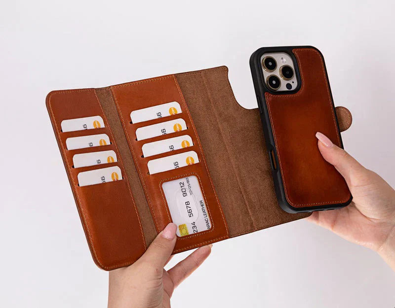 Santa leather wallet case open with multiple card slots and detachable phone back cover
