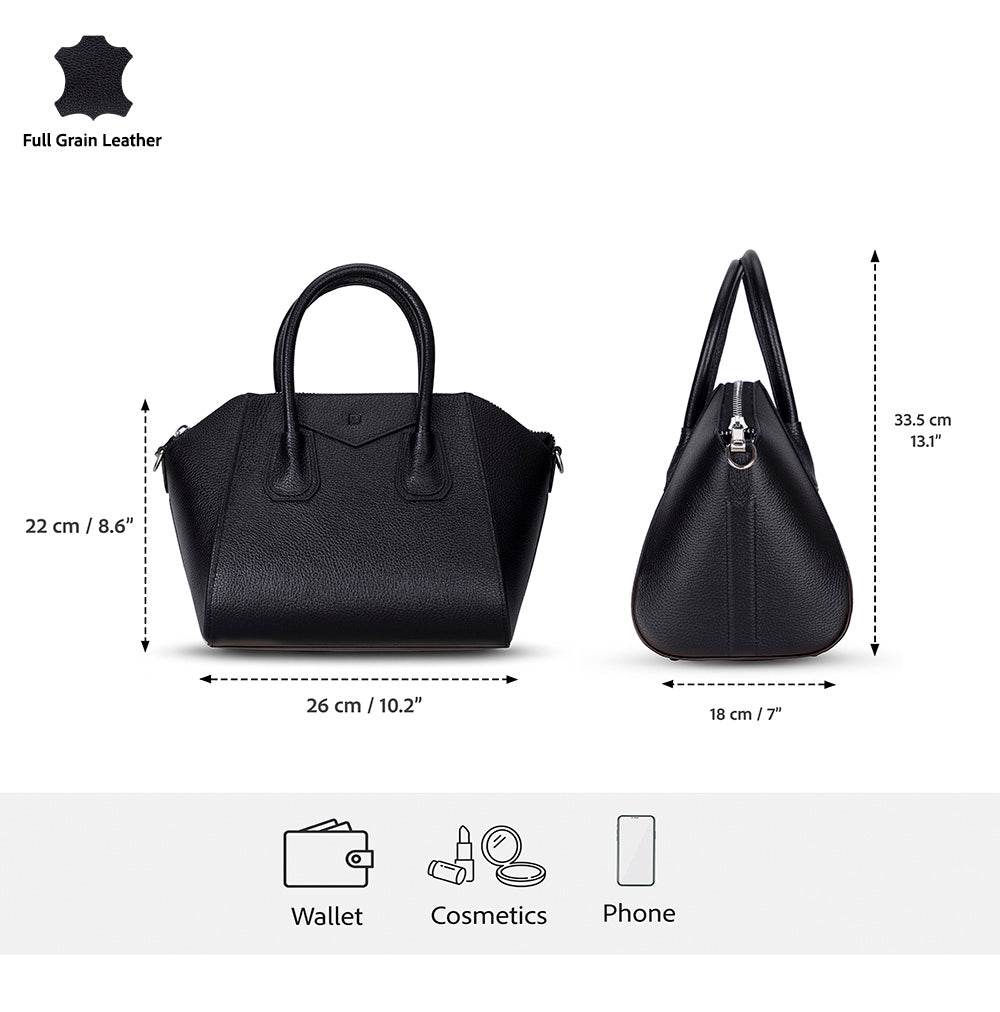 Black leather handbag with dimensions and item capacity indicators on a white background