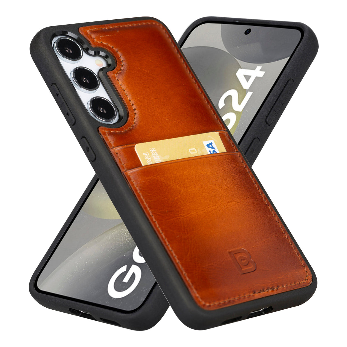 A hand holding a brown Samsung Galaxy S25 Plus phone case with a leather exterior and dual card slots visible.
