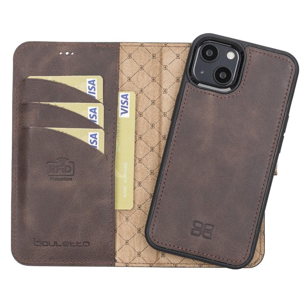 Brown leather phone case with card slots and quilted pattern on a white background