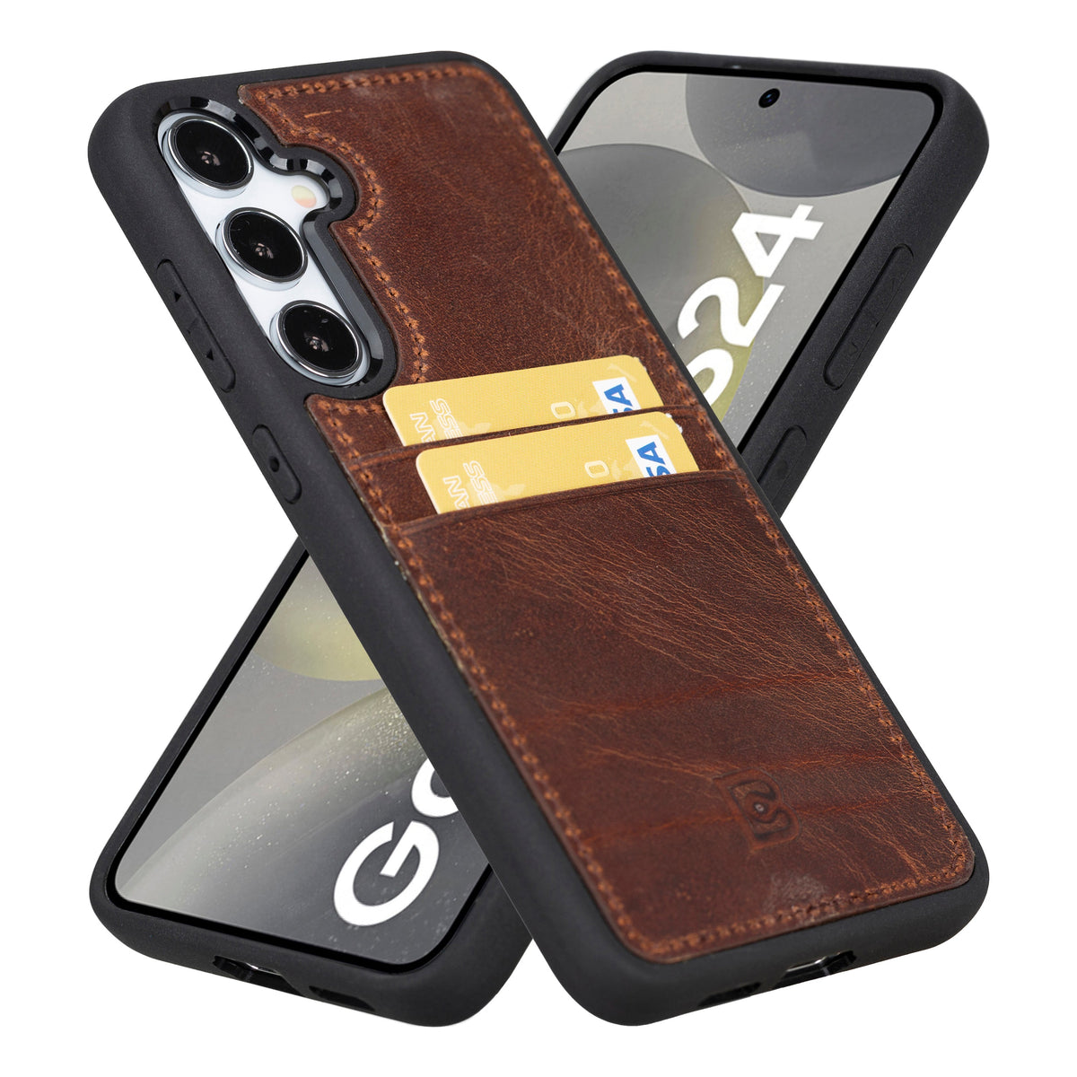 A hand holding a brown Samsung Galaxy S25 Plus phone case with a leather exterior and dual card slots visible.