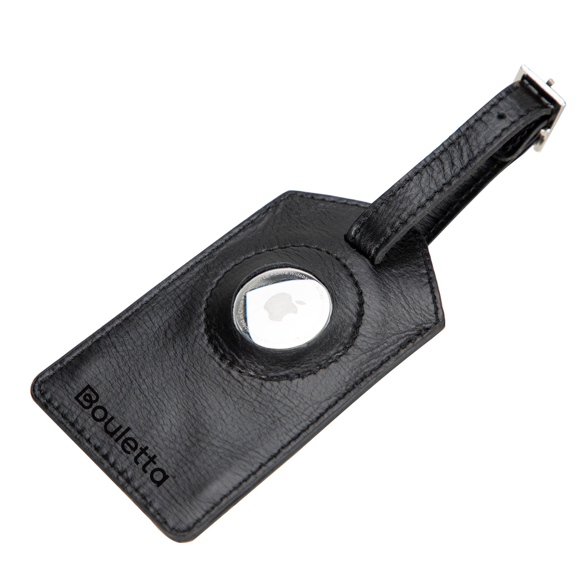 A black leather luggage tag with a loop for AirTag technology and a brand name 'Bouletta' embossed on it.