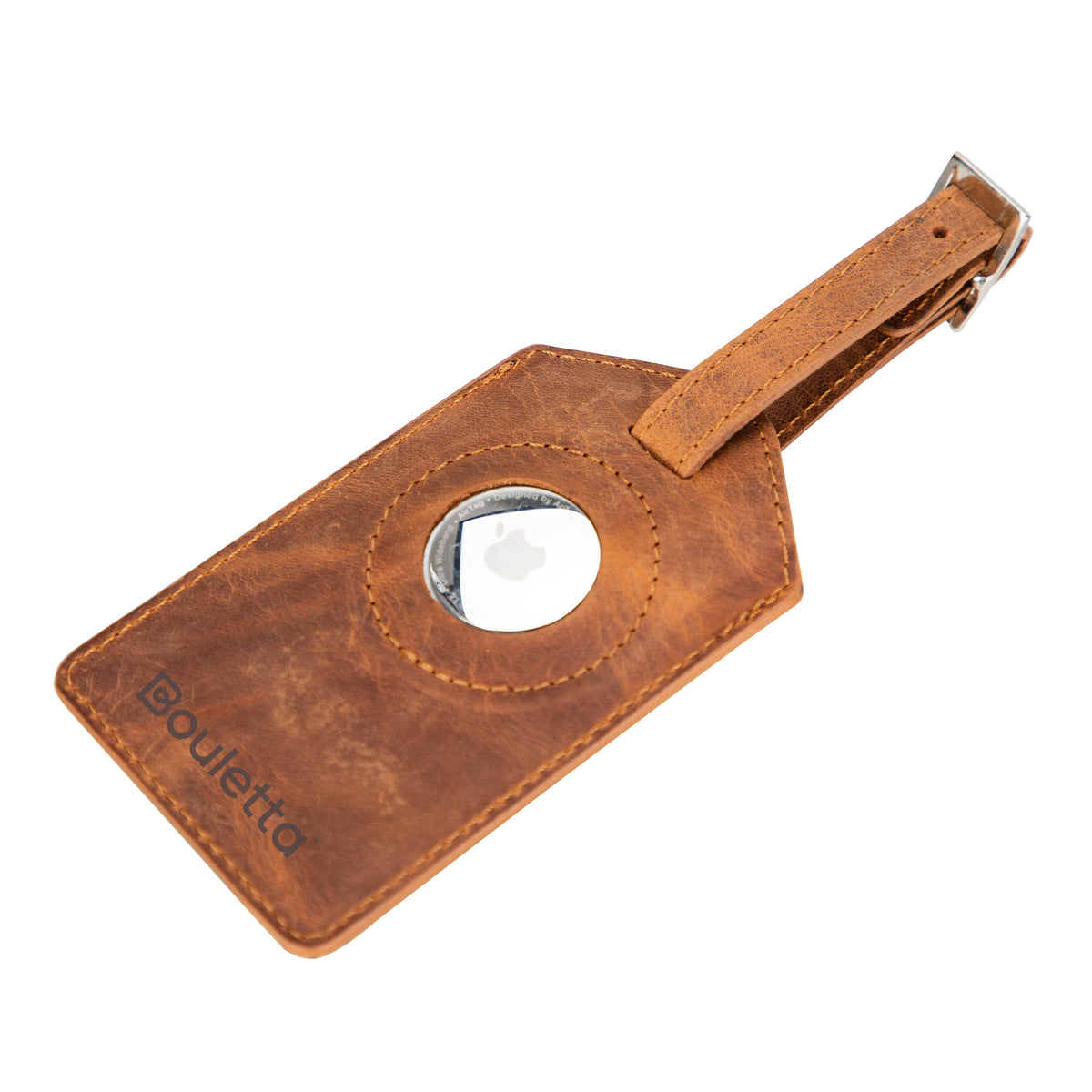 A black leather luggage tag with a loop for AirTag technology and a brand name 'Bouletta' embossed on it.