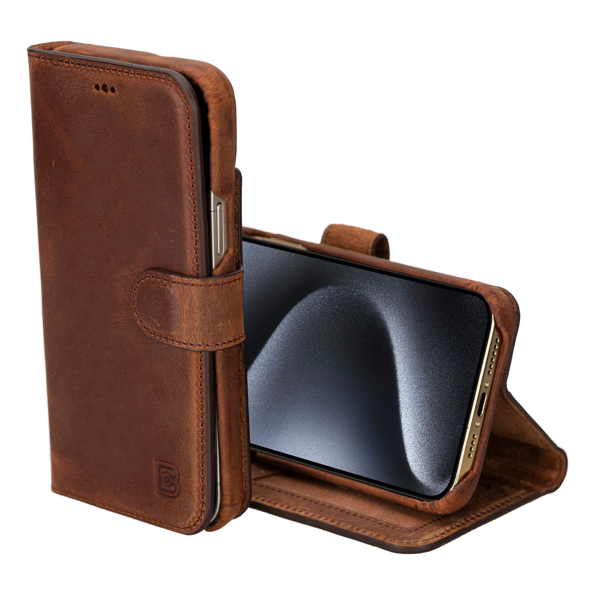 Brown leather phone case with a phone inside on a white background