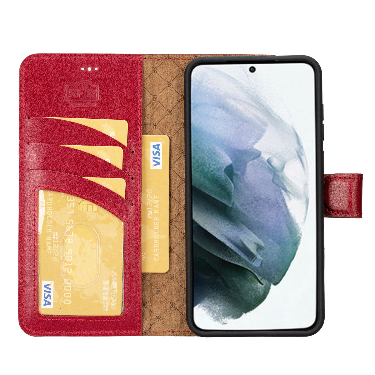 A red Samsung Galaxy S25 Plus case made of genuine leather, featuring card slots, and a detachable wallet functionality.