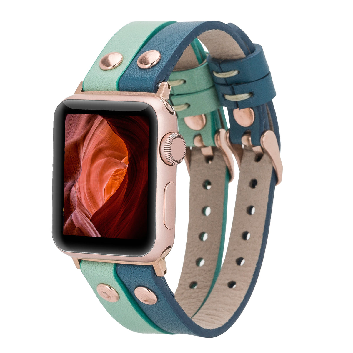A two-tone genuine leather watch band for Apple Watch, with blue and mint green colors and metallic hardware.