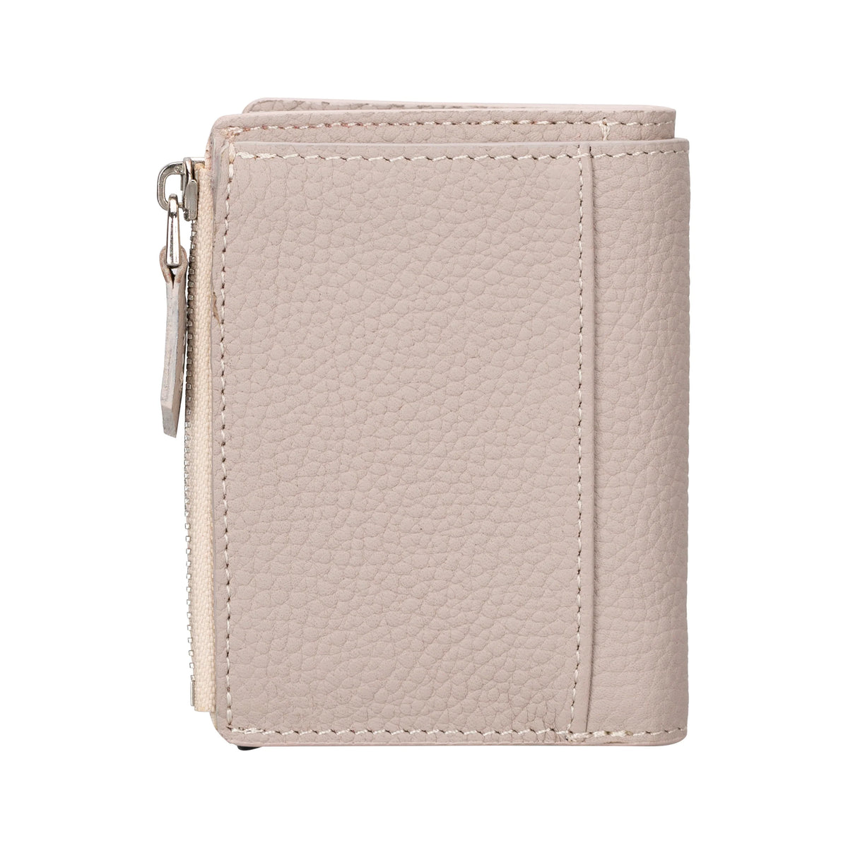 Beige leather wallet with a zipper on a white background