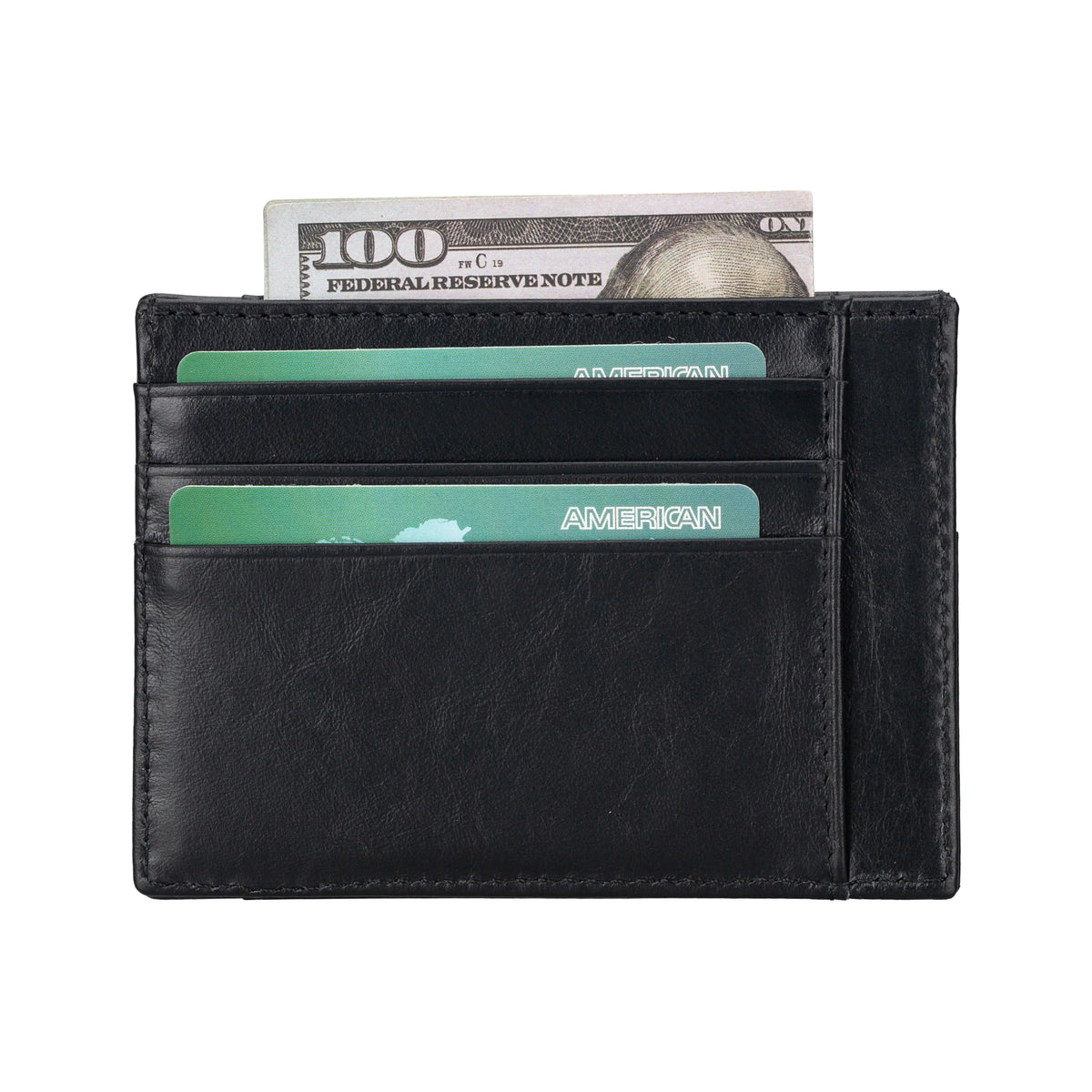 Black leather wallet with cards and a $100 bill on a white background