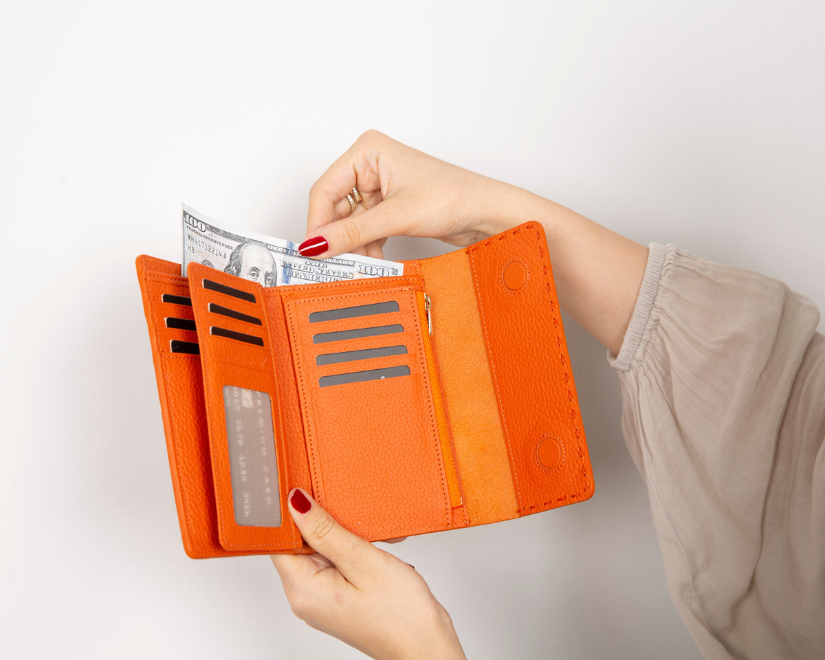 Elegant handmade leather wallet with 12 card slots and hidden compartments