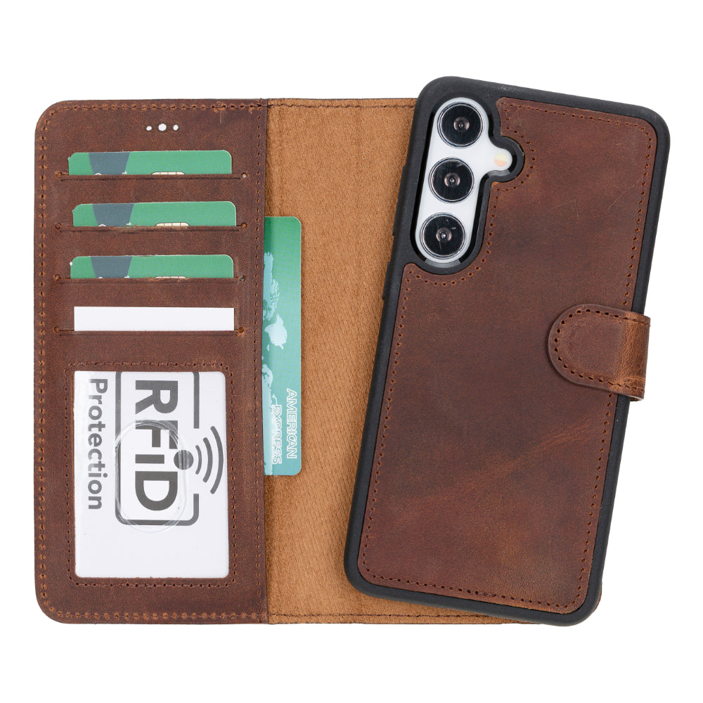 Brown Galaxy S25 leather phone wallet with card slots and RFID protection label on a white background