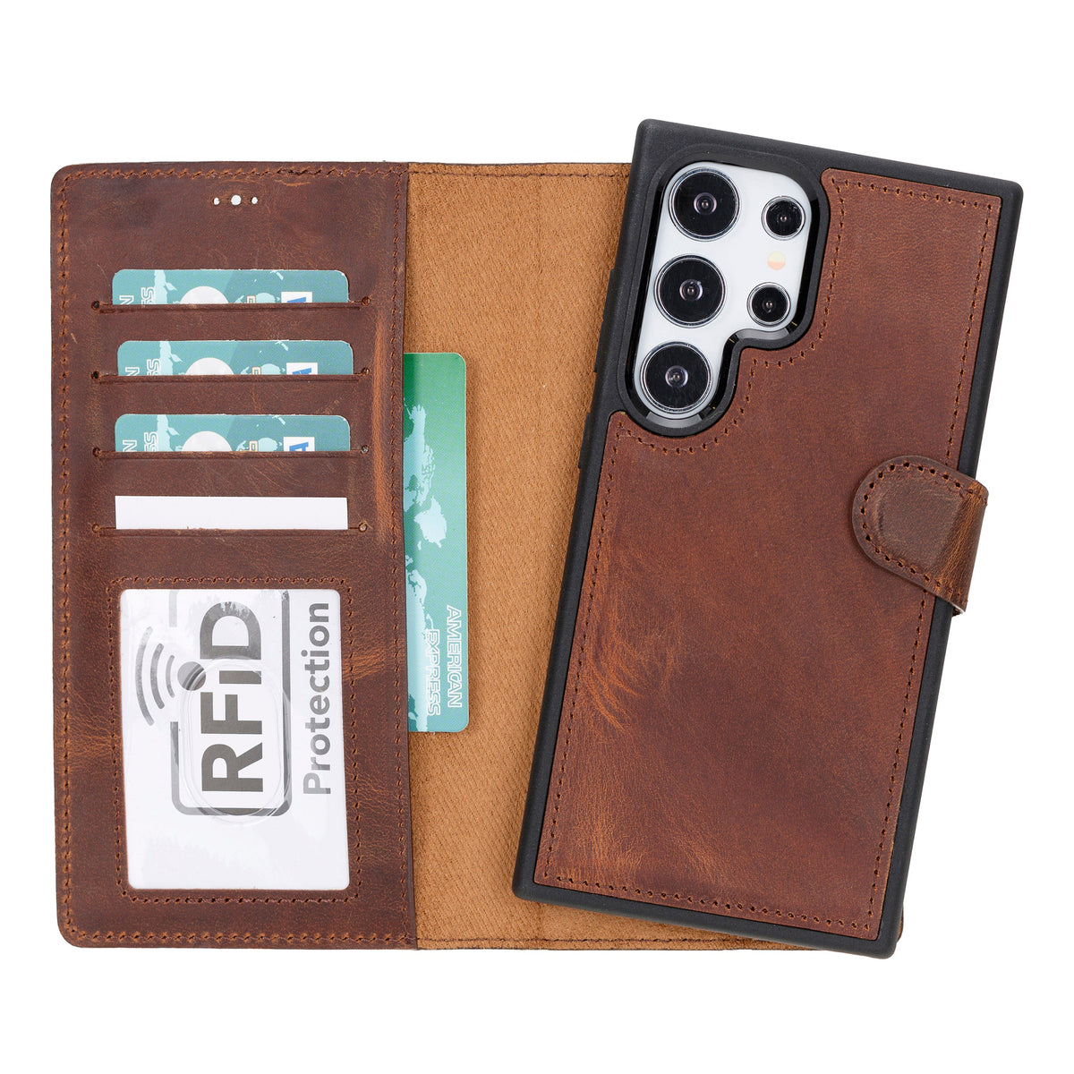 Brown leather phone wallet with card slots and RFID protection on a white background