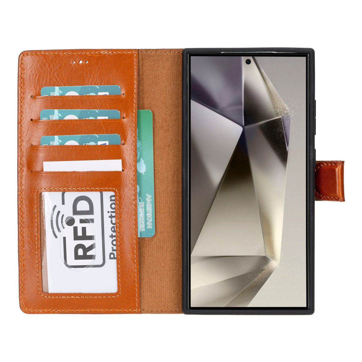 Brown phone case with card slots and an open phone displaying a reflective screen.