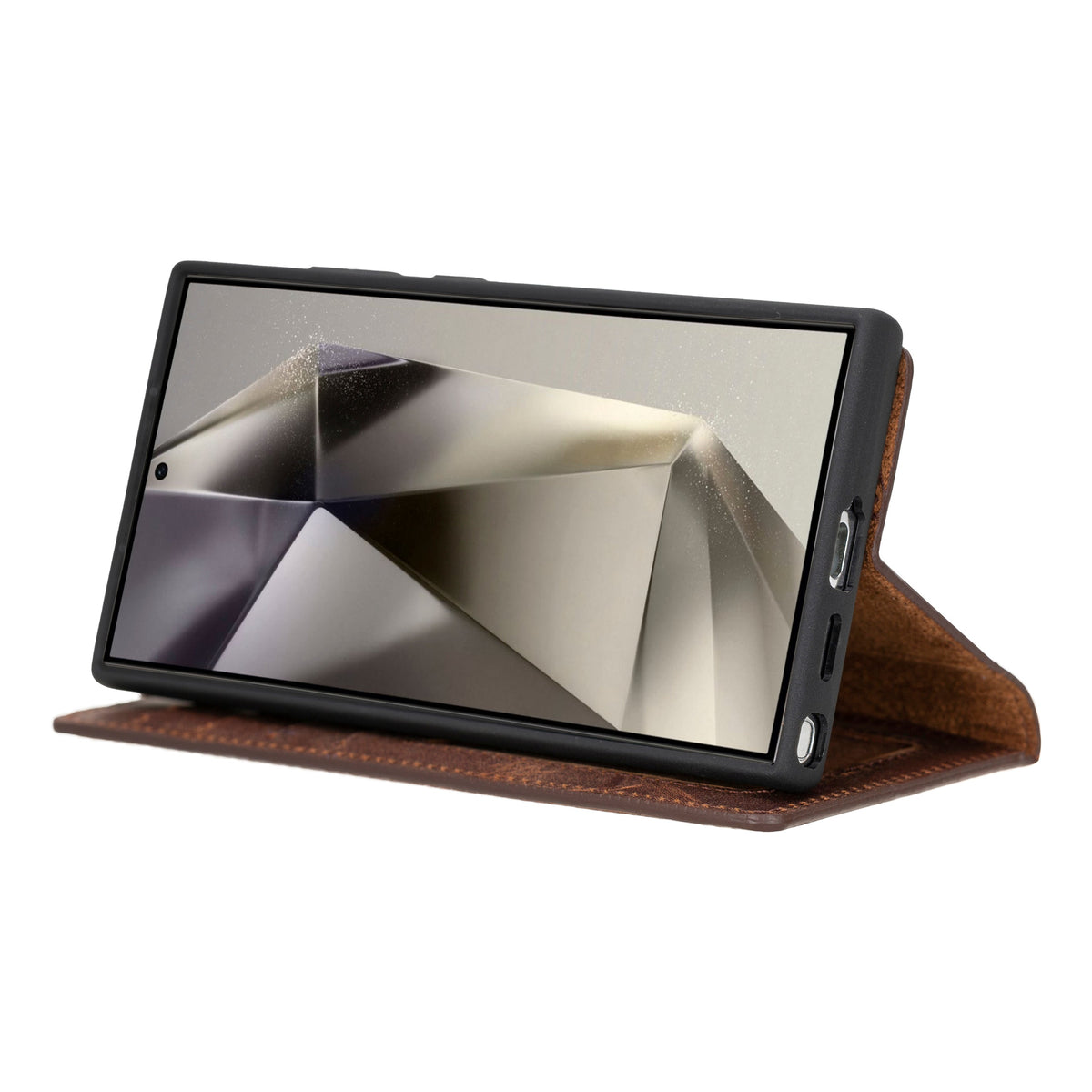 Smartphone with a reflective screen in a brown leather case on a white background