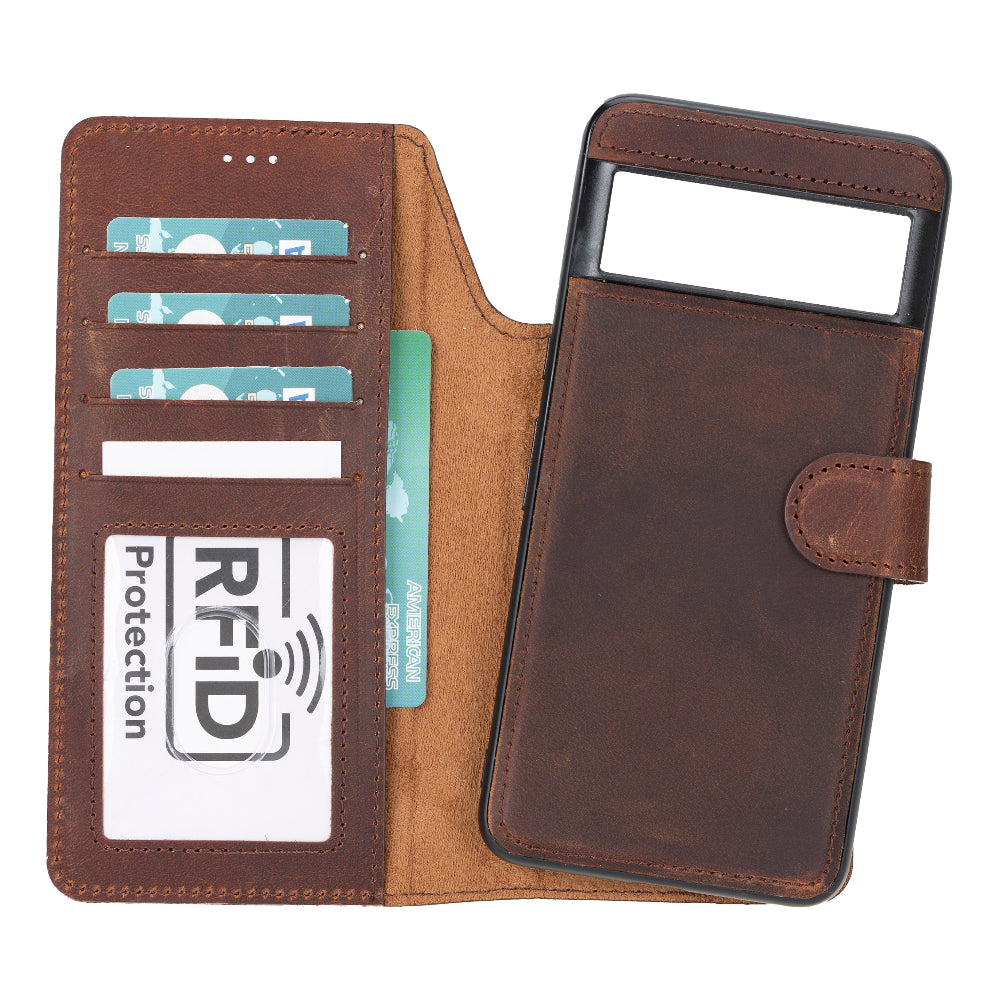 Brown leather pixel 8 pro case with card slots and RFID protection label on a white background