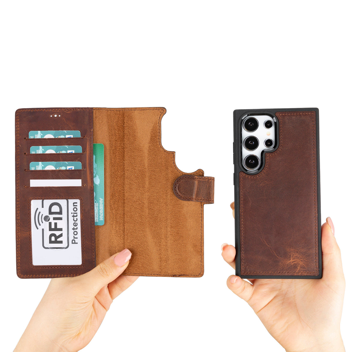 Brown leather phone case with card slots and 'RFID Protection' label, held by a hand.