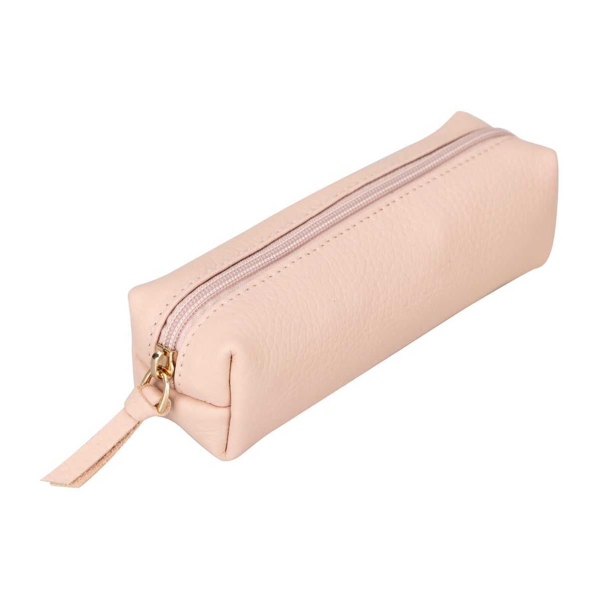 Pink pencil case with a gold zipper on a white background