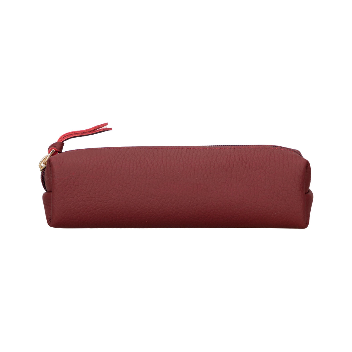 Maroon pencil case with a gold zipper on a white background