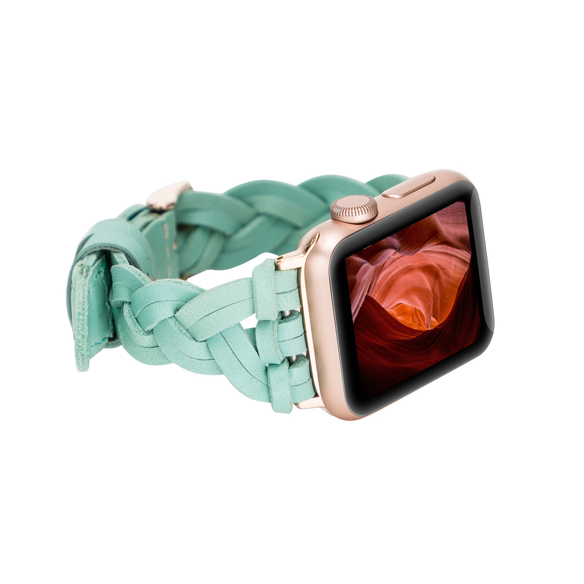 A person wearing a green braided leather watch band on an Apple Watch.