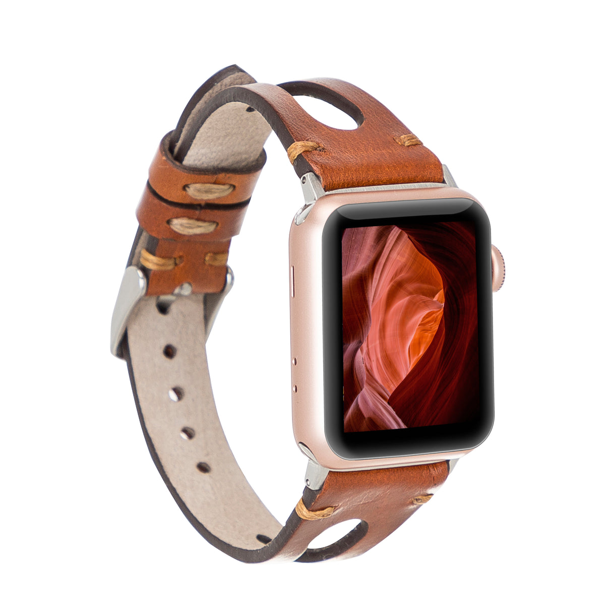 A man smiling while talking on an Apple Watch with a brown genuine leather band.