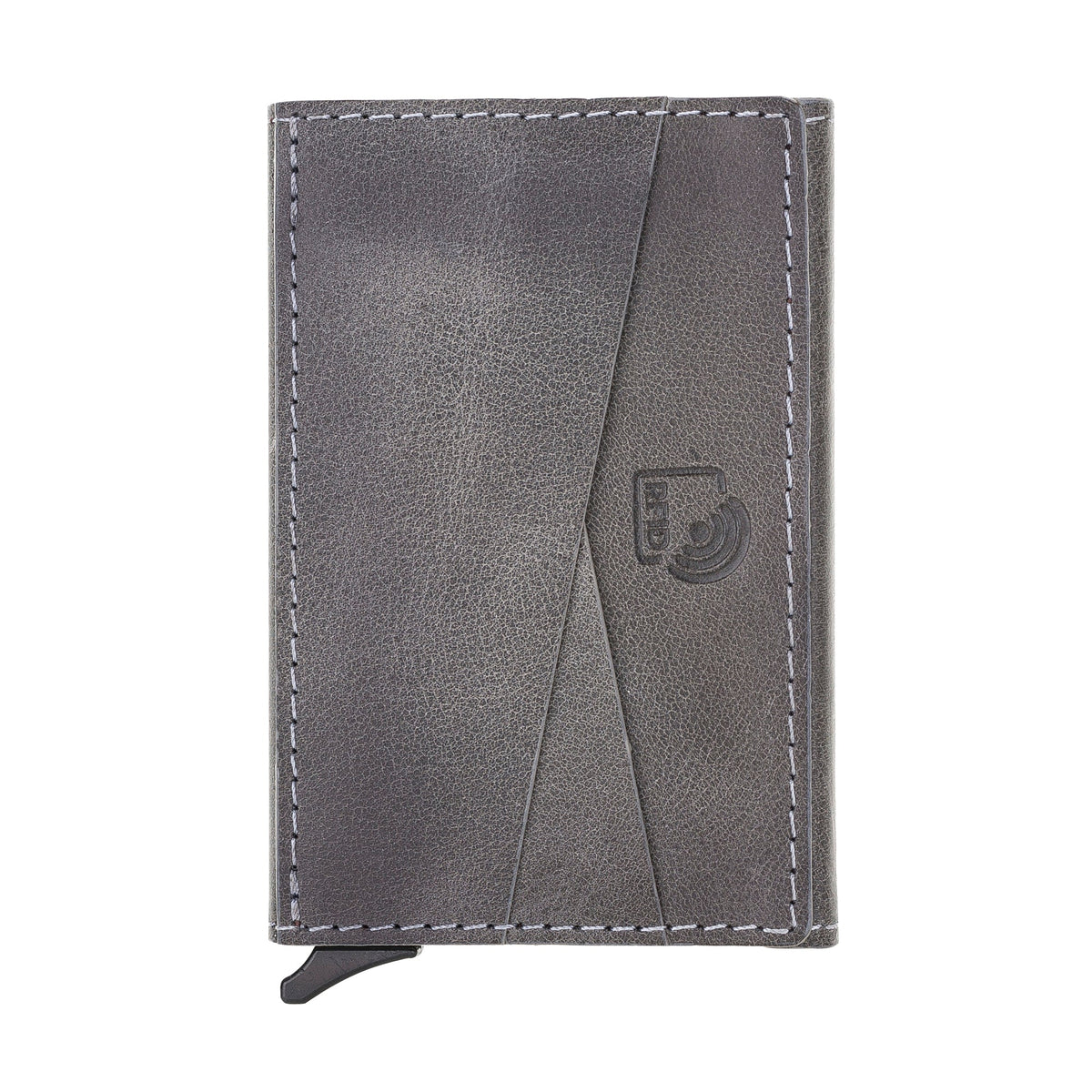 Gray leather wallet with a brand logo on a white background