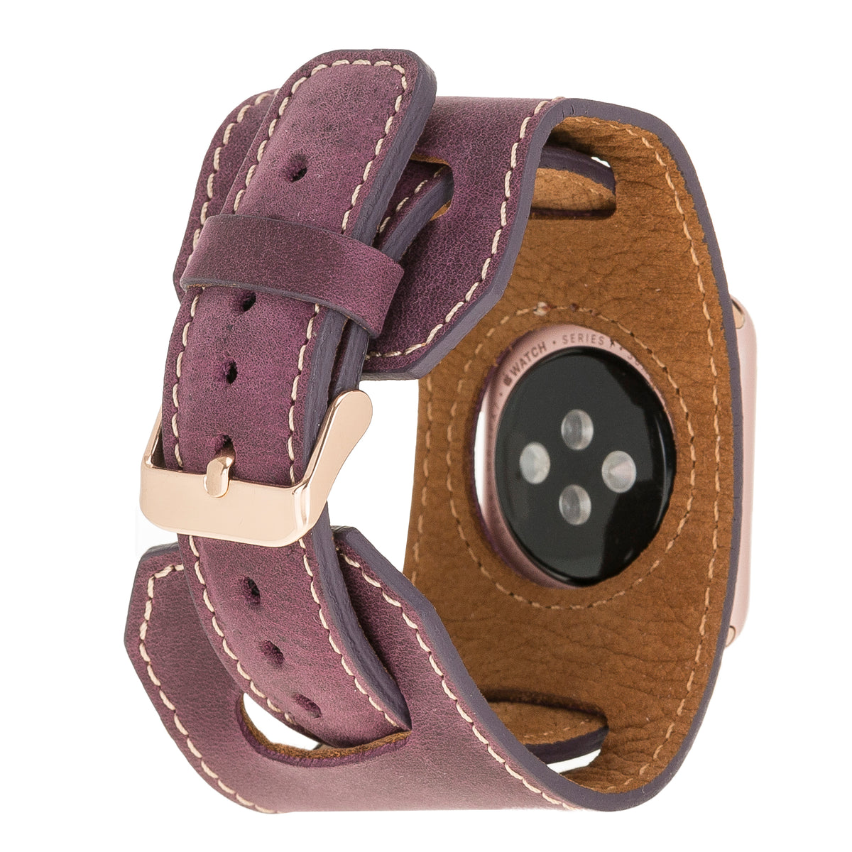 Watch strap with purple leather band and brown leather case on a white background