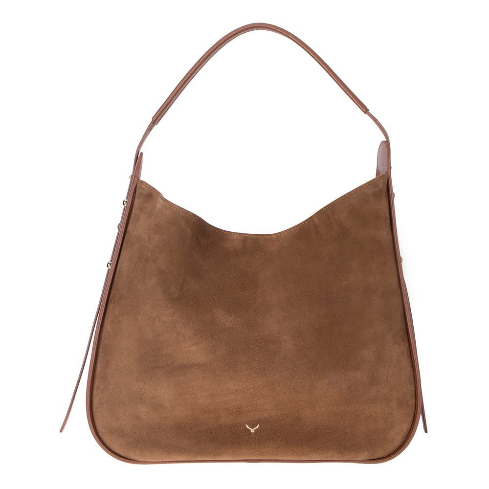 Brown suede handbag on a white background
