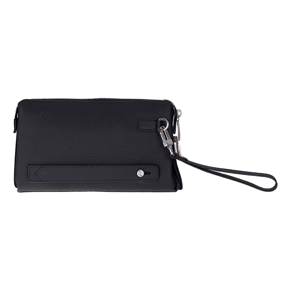 Black wristlet clutch with a strap on a white background
