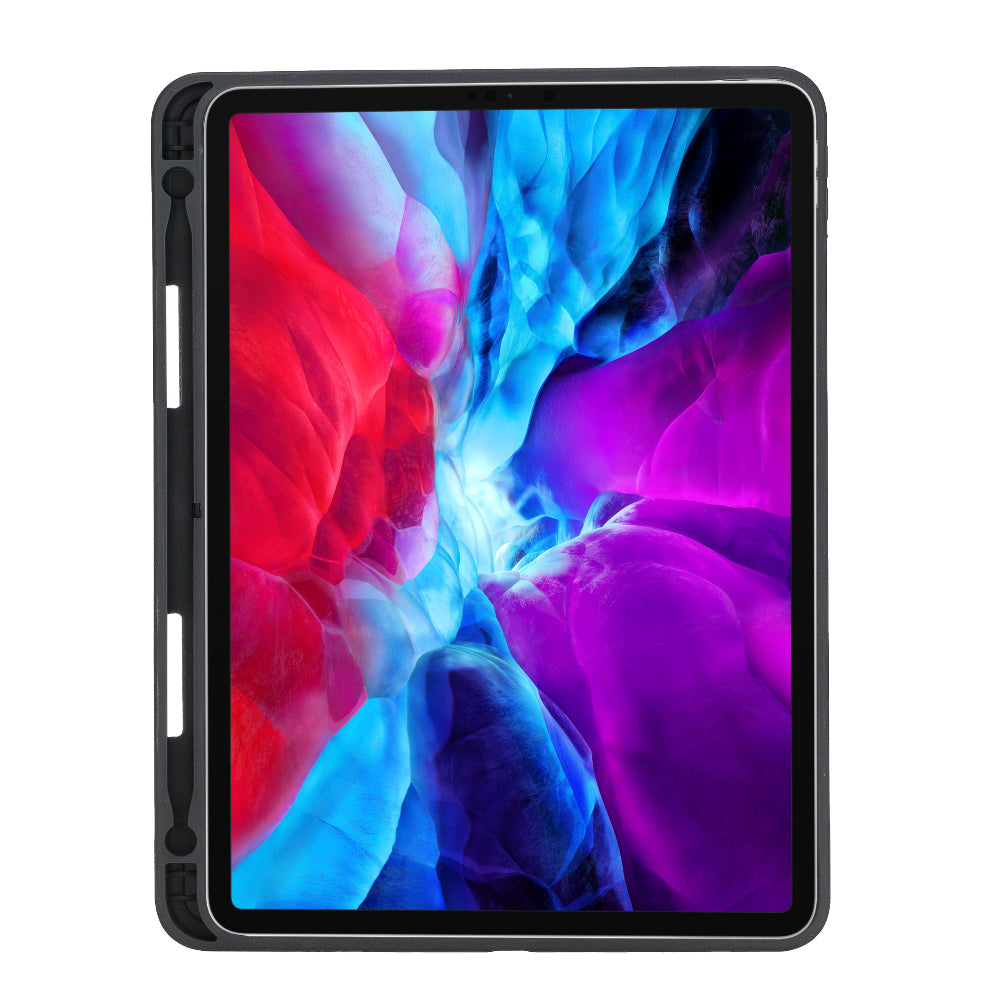 Tablet with colorful display case on a white background