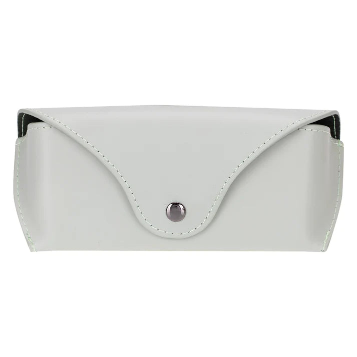 White eyeglass case with a silver button on a white background