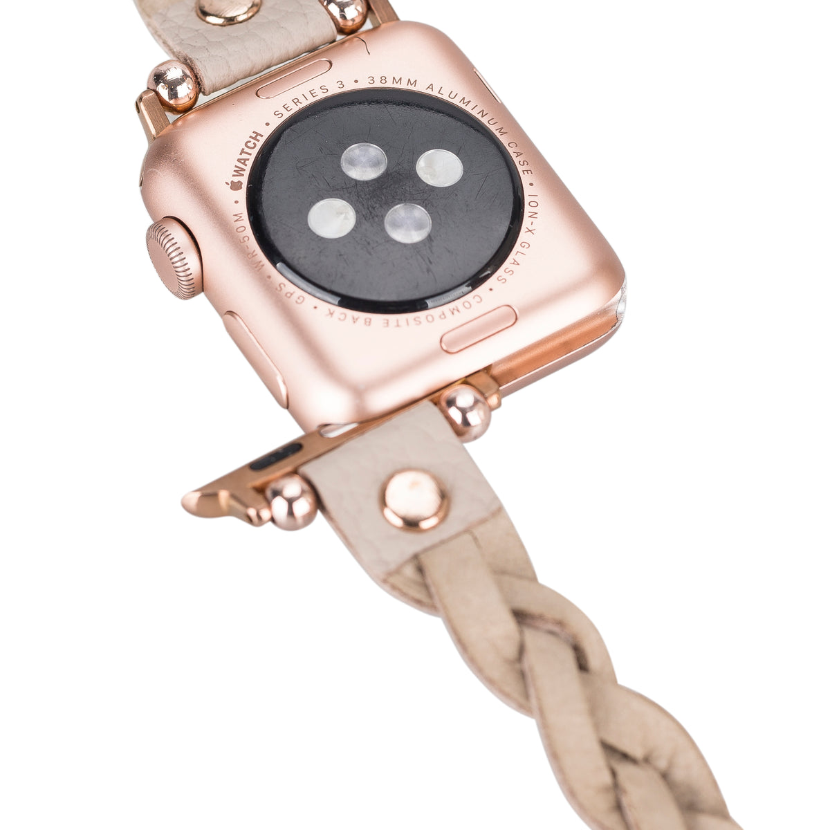 Luxury smartwatch with rose gold case and beige braided leather strap on a white background