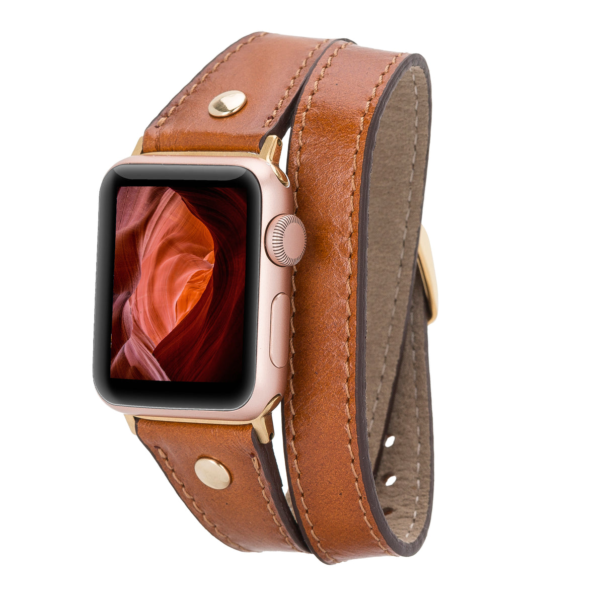 A brown genuine leather double wrap watch band for Apple Watch, featuring a buckle clasp and a quilted texture.
