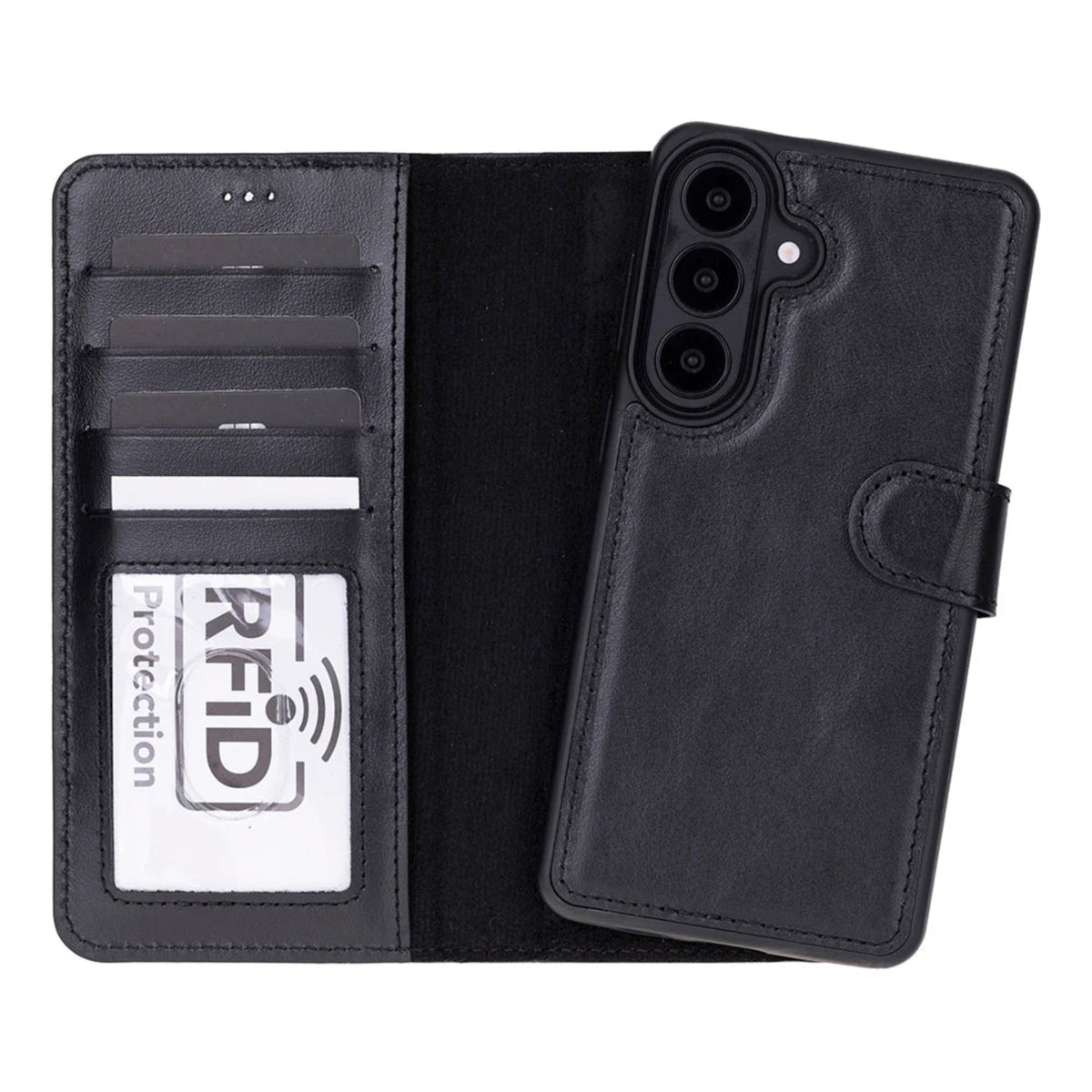 Black Galaxy S26 wallet case with RFID protection feature on a white background