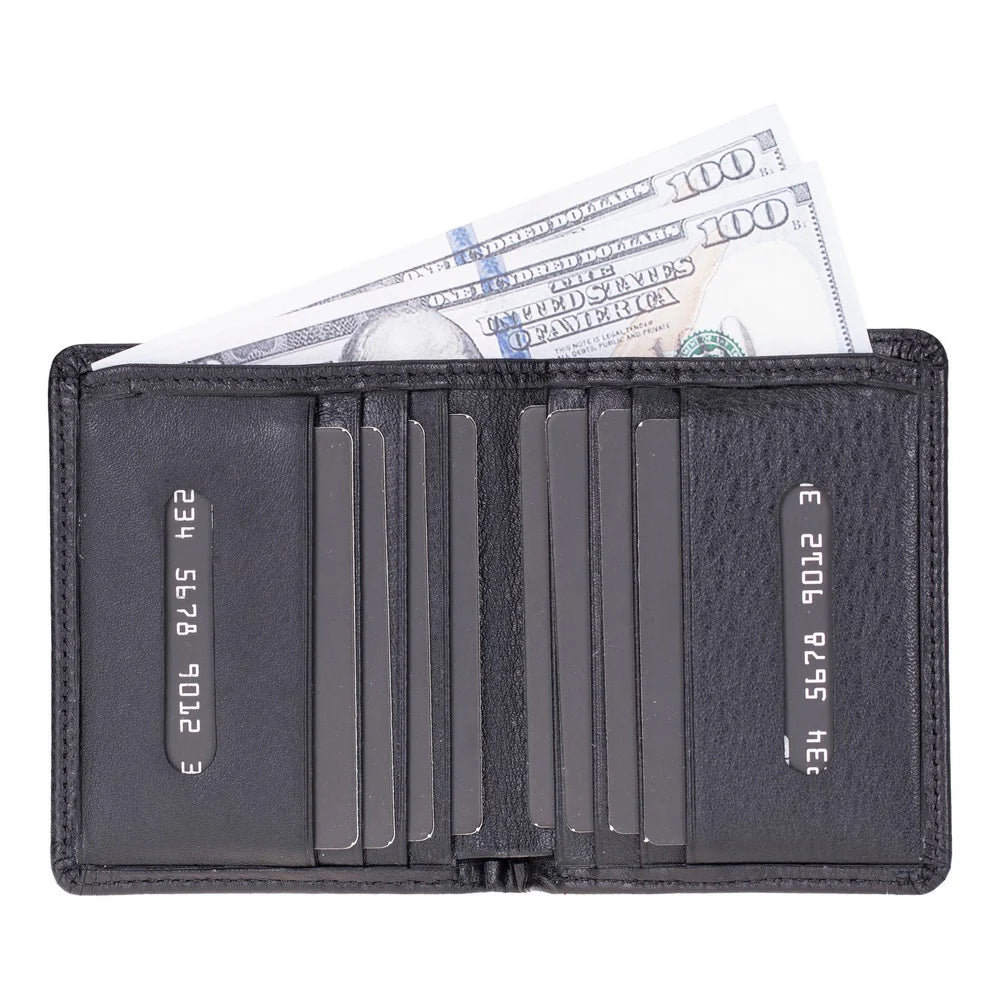 Black wallet with card slots and a bill pocket on a white background