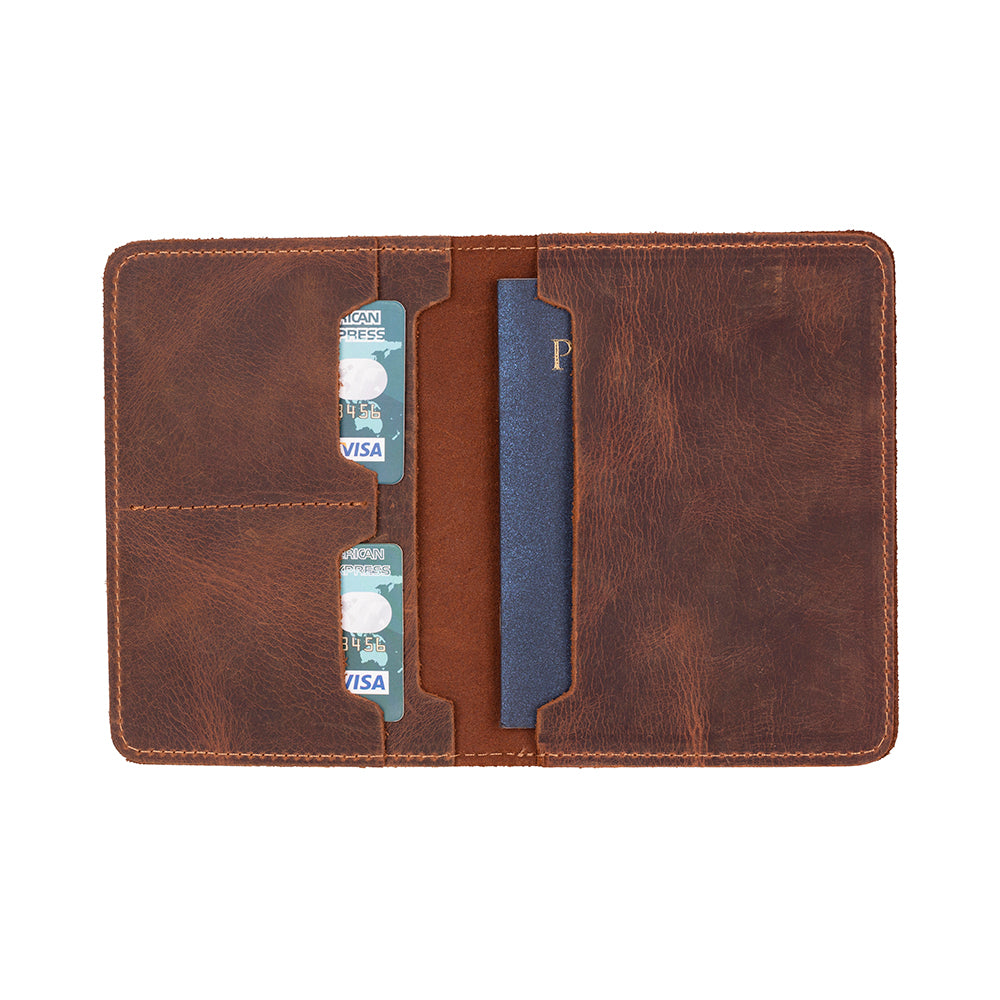 Brown leather wallet with card slots on a white background