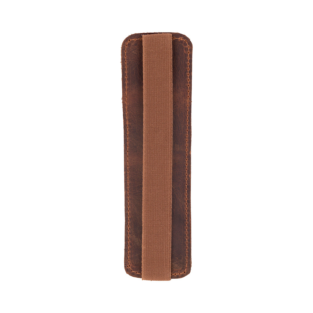 Brown leather phone case with a striped design on a white background
