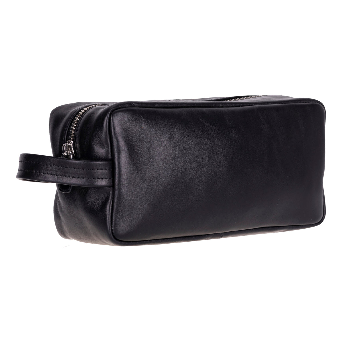 Black leather toiletry bag with a handle on a white background