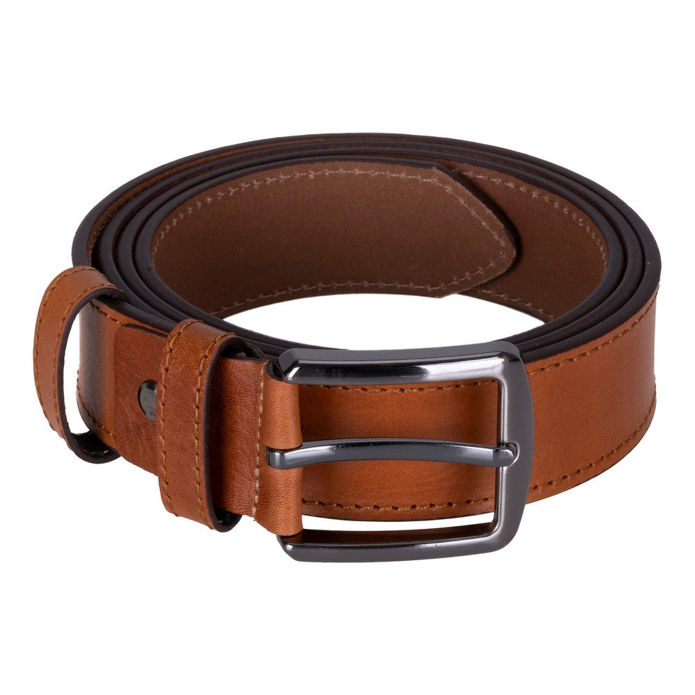 Brown leather belt with a silver buckle on a white background