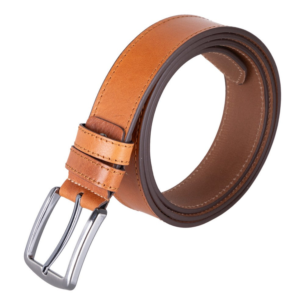 Brown leather belt with a silver buckle on a white background