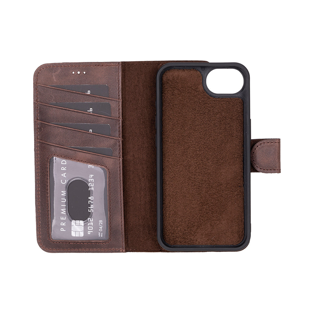 Brown leather phone case with card slots on a white background
