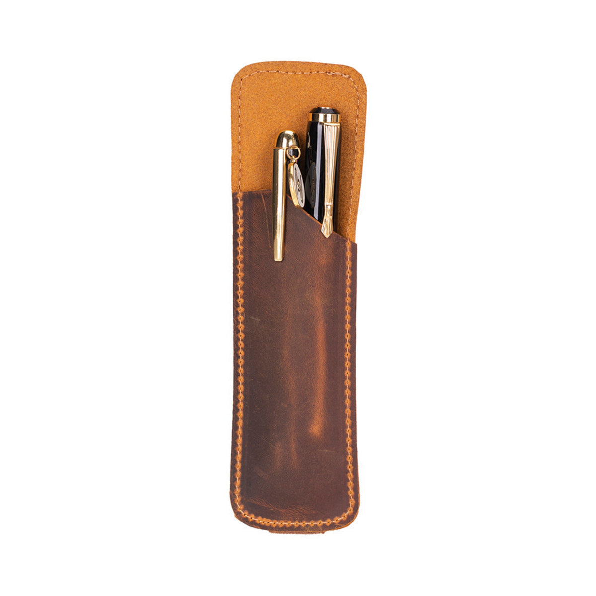 Brown leather pen holder with a pen and keychain on a white background