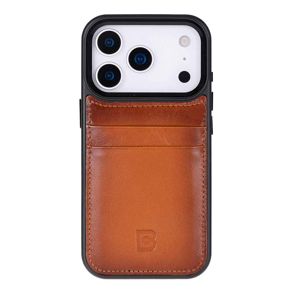 Brown leather iPhone 17 pro case with a card slot on a white background