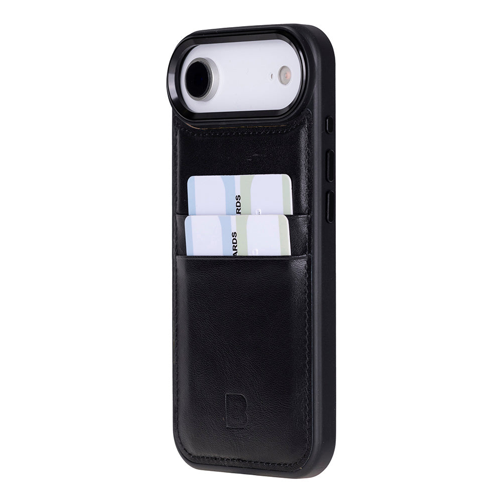Black phone case with card slots on a white background