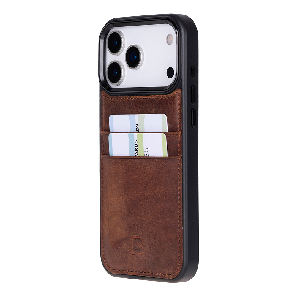 Brown iPhone 17 pro max case with card holder on a white background