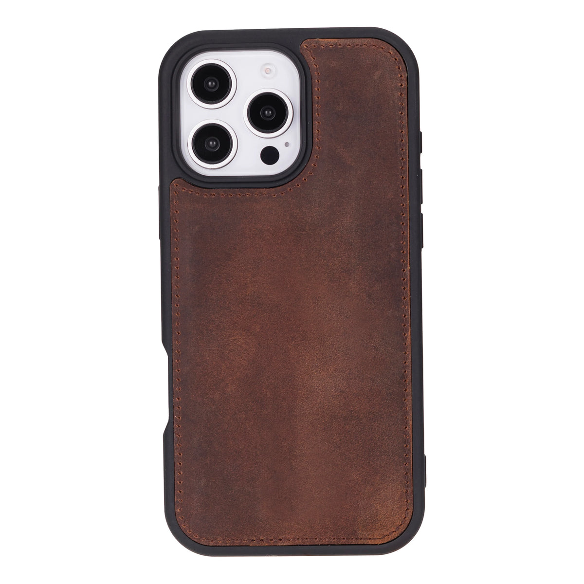Brown leather iphone 16 pro max case with black border on a white background