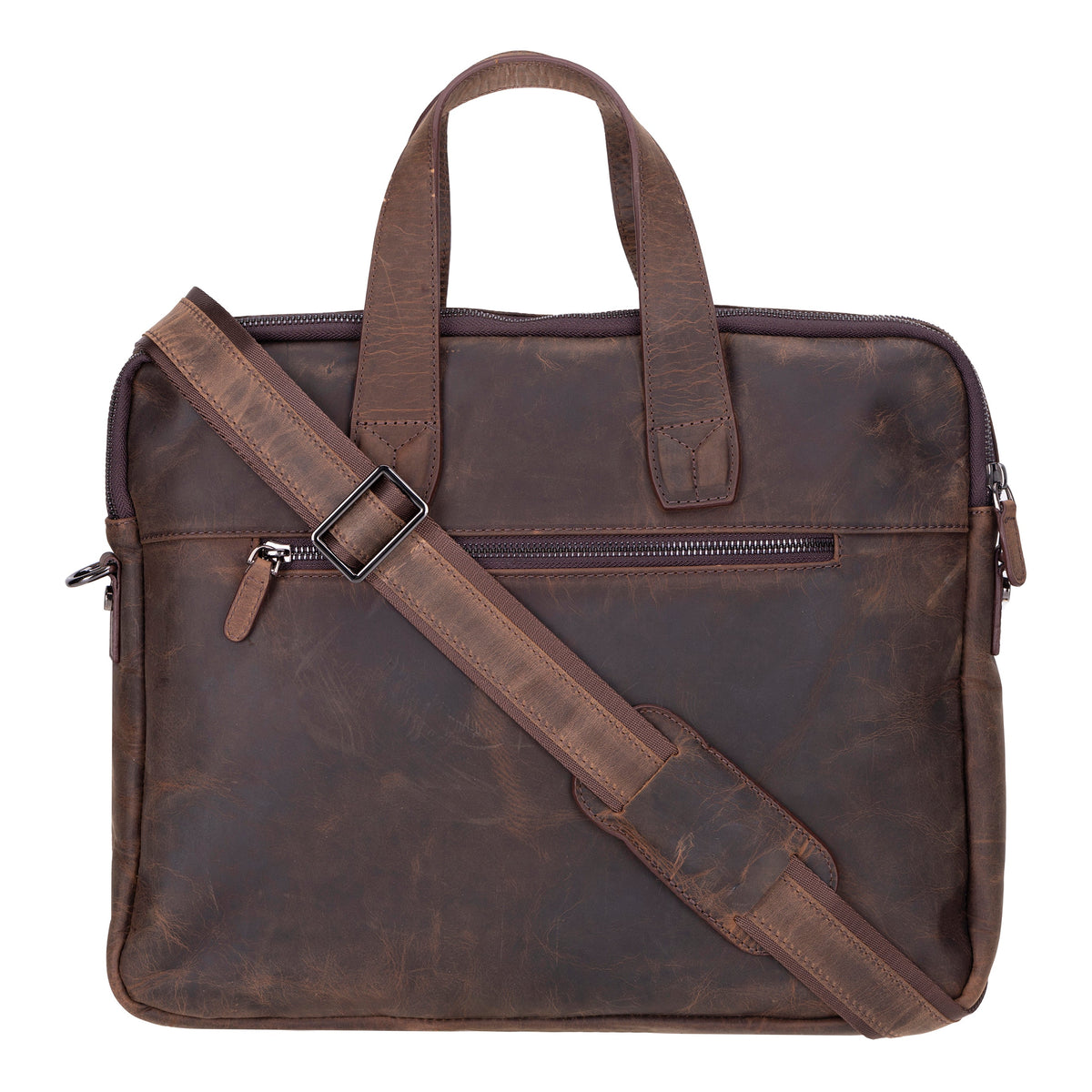 A brown genuine leather briefcase with a shoulder strap and handle, featuring zippered compartments and a sleek design.