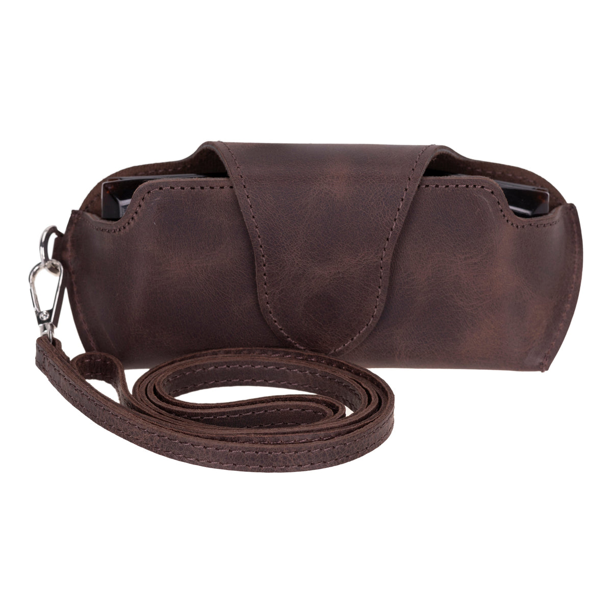 Brown leather crossbody bag with strap on a white background