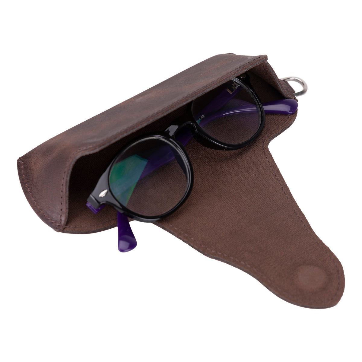 Brown eyeglass case with purple glasses on a white background