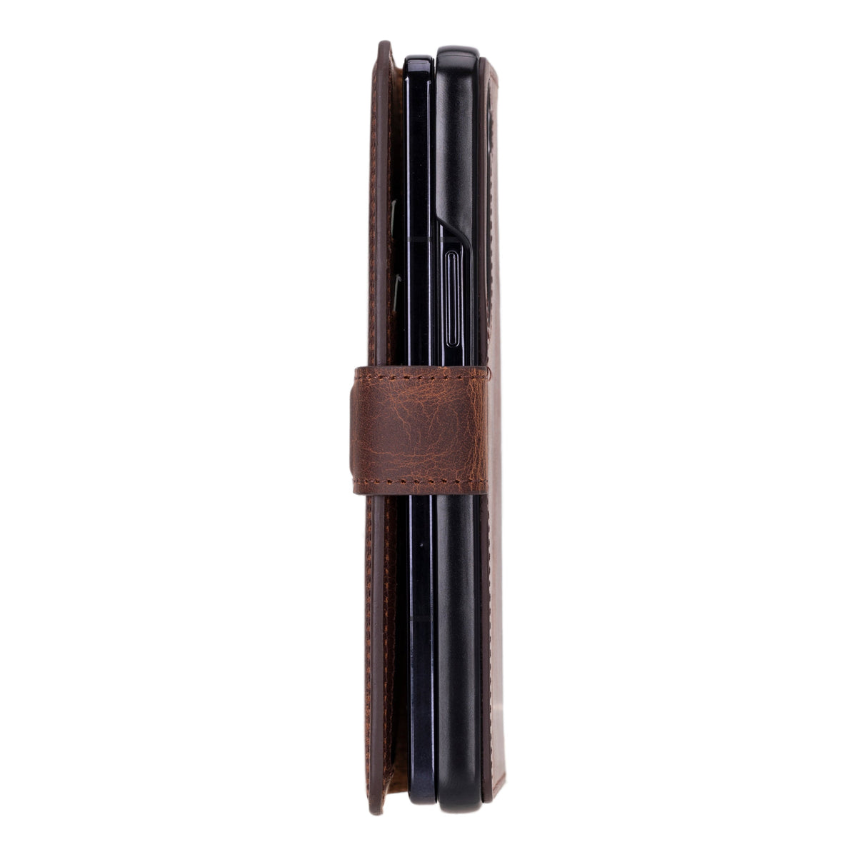Brown leather pen holder with black pens on a white background