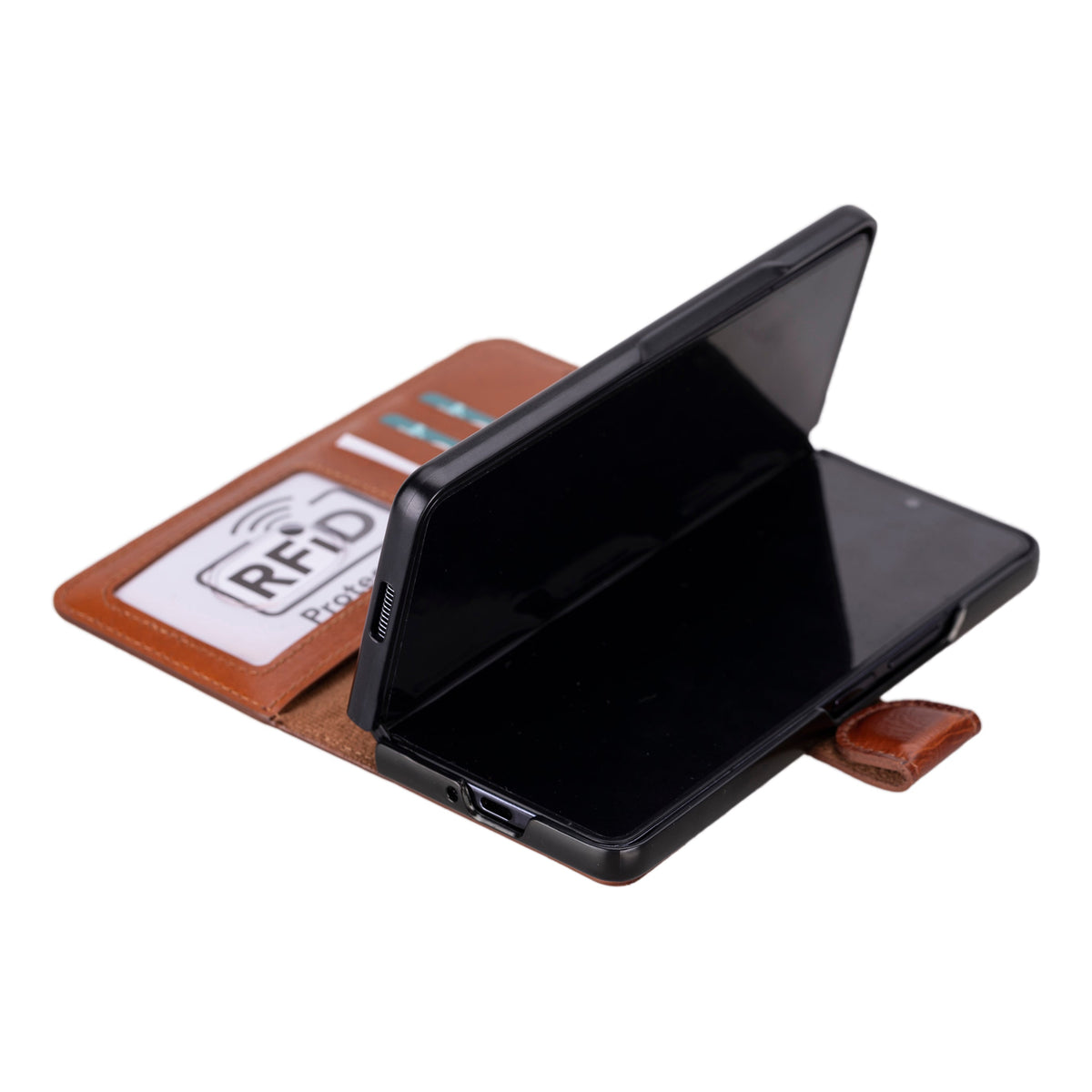 Smartphone with a protective case and an RFID blocking card on a white background
